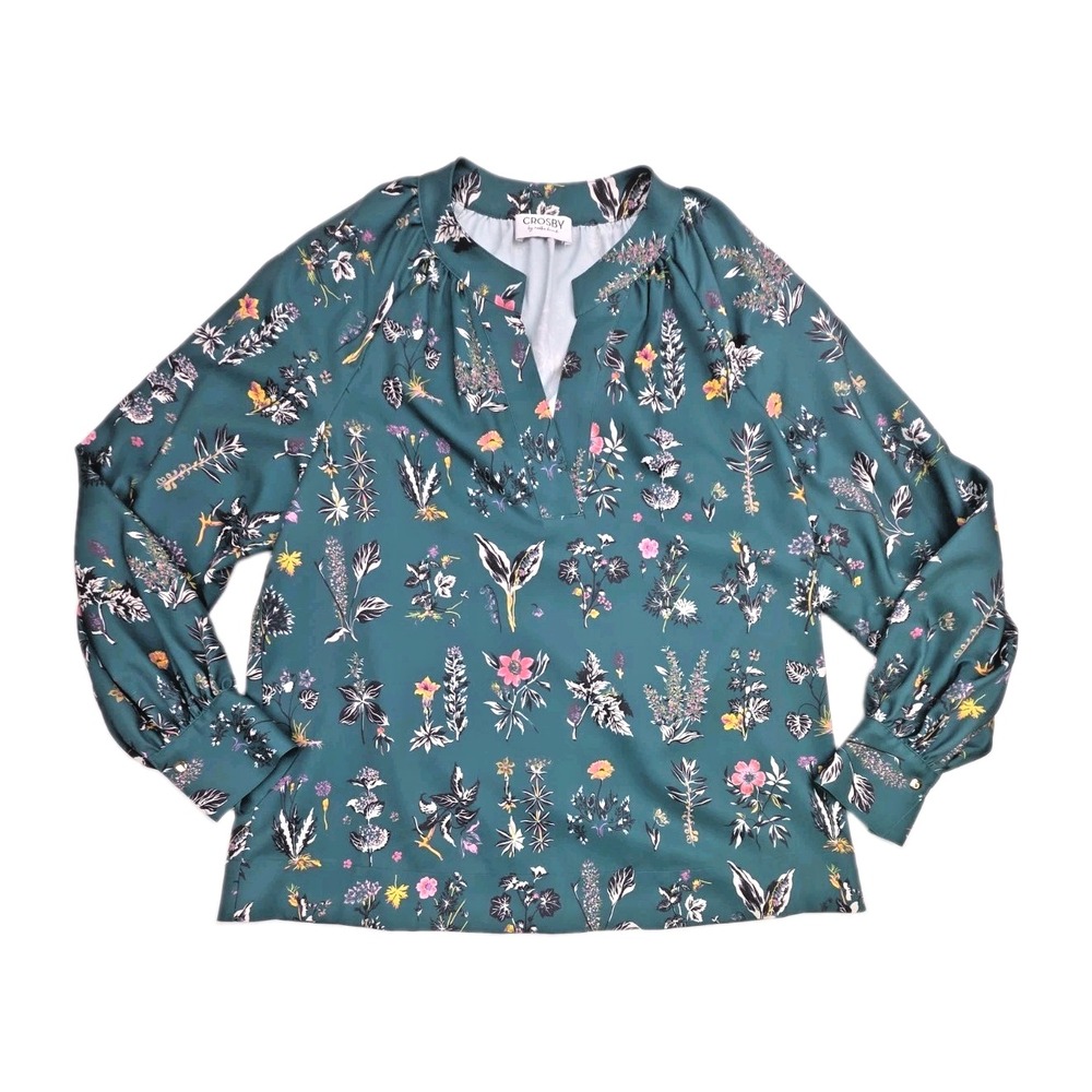 CROSBY by Mollie Burch Green Floral Blouse Top Gathered Size M ?